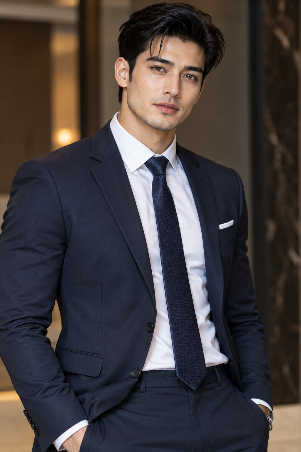 Model wearing a navy formal suit